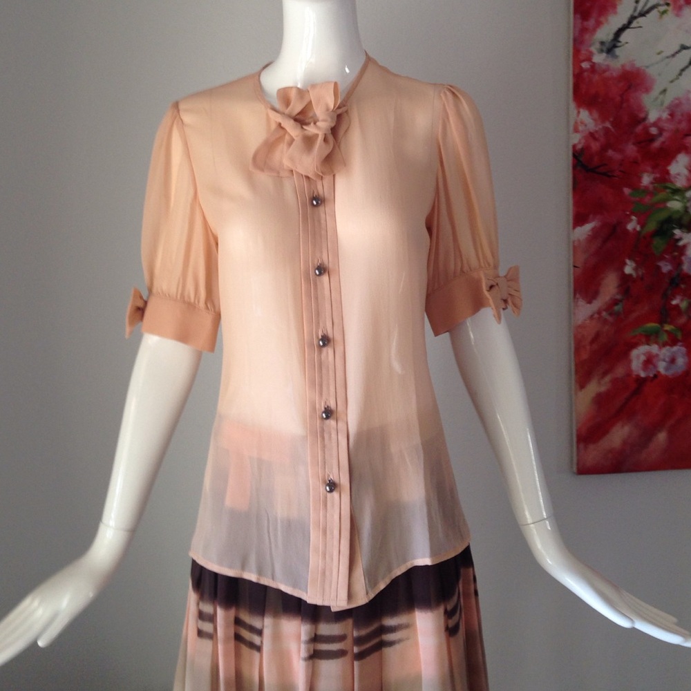 Sheer Peach Bow-Accent Blouse (NWOT)